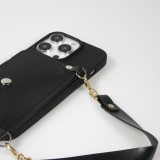 Coque iPhone 14 Pro - Silicone soft touch avec pochette à cartes ou argent en cuir et lanière intégrée - Noir