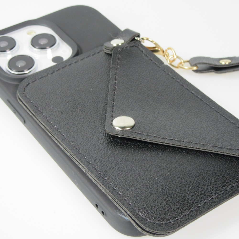 Coque iPhone 14 Pro - Silicone soft touch avec pochette à cartes ou argent en cuir et lanière intégrée - Noir