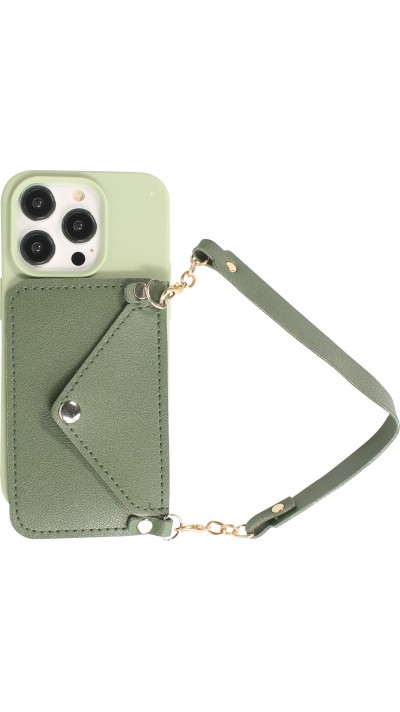 iPhone 14 Pro Max Case Hülle - Soft-Touch-Silikon mit Karten- oder Geldfach aus Leder und integriertem Lanyard - Grün