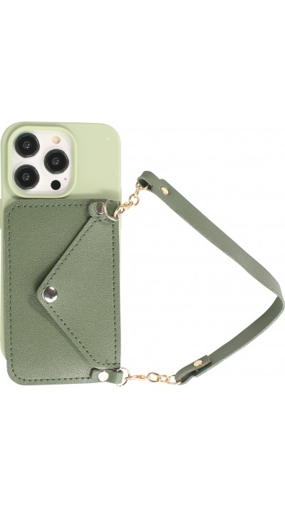 Coque iPhone 14 Pro Max - Silicone soft touch avec pochette à cartes ou argent en cuir et lanière intégrée - Vert