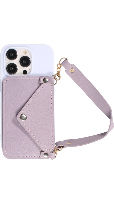 Coque iPhone 14 Pro - Silicone soft touch avec pochette à cartes ou argent en cuir et lanière intégrée - Violet clair