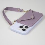 iPhone 14 Pro Case Hülle - Soft-Touch-Silikon mit Karten- oder Geldfach aus Leder und integriertem Lanyard - Hellviolett