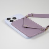 iPhone 14 Pro Case Hülle - Soft-Touch-Silikon mit Karten- oder Geldfach aus Leder und integriertem Lanyard - Hellviolett