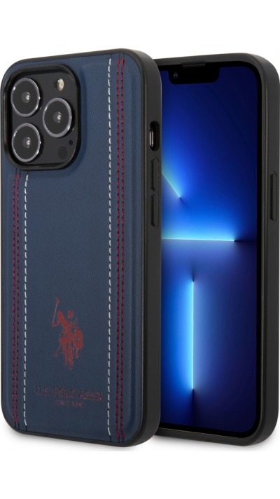 Coque iPhone 14 Pro - U.S. Polo Assn. Similicuir avec coutures et logo imprimé en rouge - Bleu