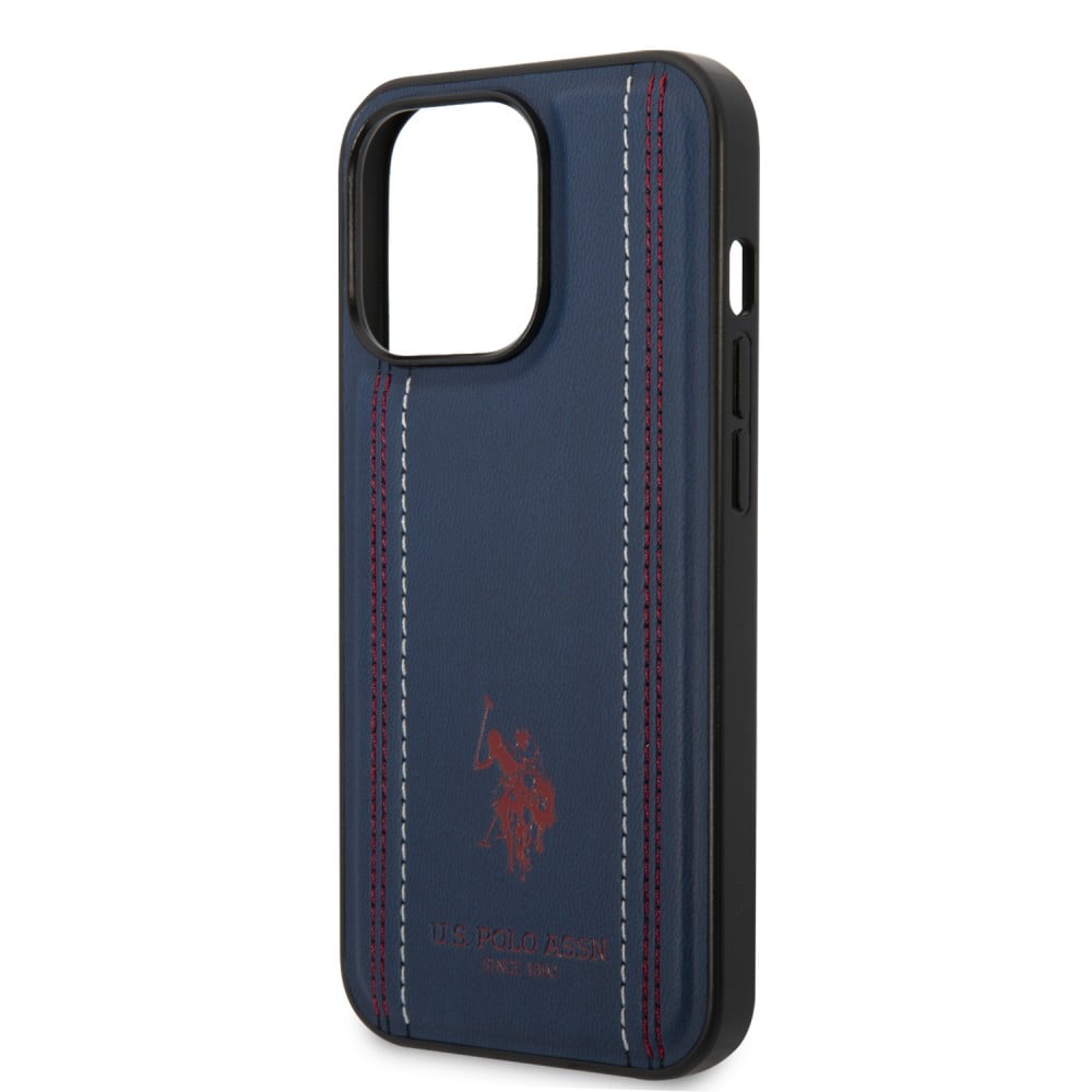 Coque iPhone 14 Pro - U.S. Polo Assn. Similicuir avec coutures et logo imprimé en rouge - Bleu