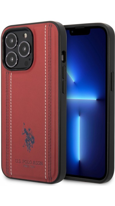 Coque iPhone 14 Pro Max - U.S. Polo Assn. Similicuir avec coutures et logo imprimé en rouge - Rouge