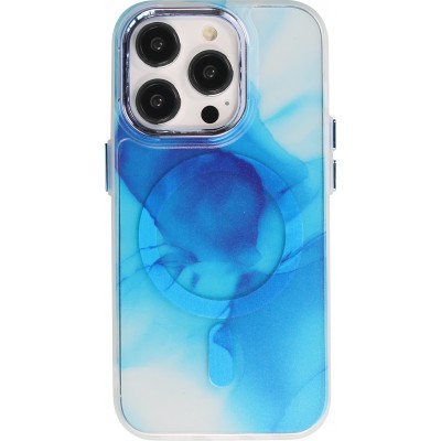 Coque iPhone 14 Pro - Watercolor MagSafe semi-transparent - Bleu