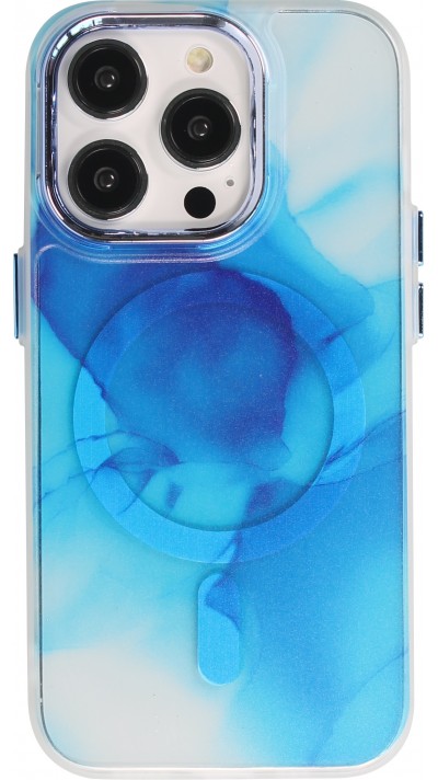 Coque iPhone 14 Pro Max - Watercolor MagSafe semi-transparent - Bleu