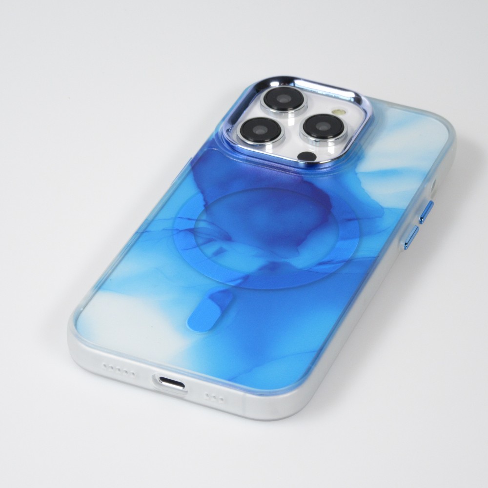 iPhone 14 Pro Case Hülle - Watercolor MagSafe semi-transparent - Blau