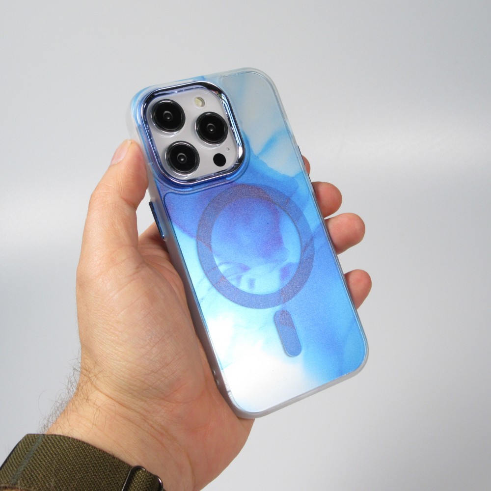 Coque iPhone 14 Pro - Watercolor MagSafe semi-transparent - Bleu