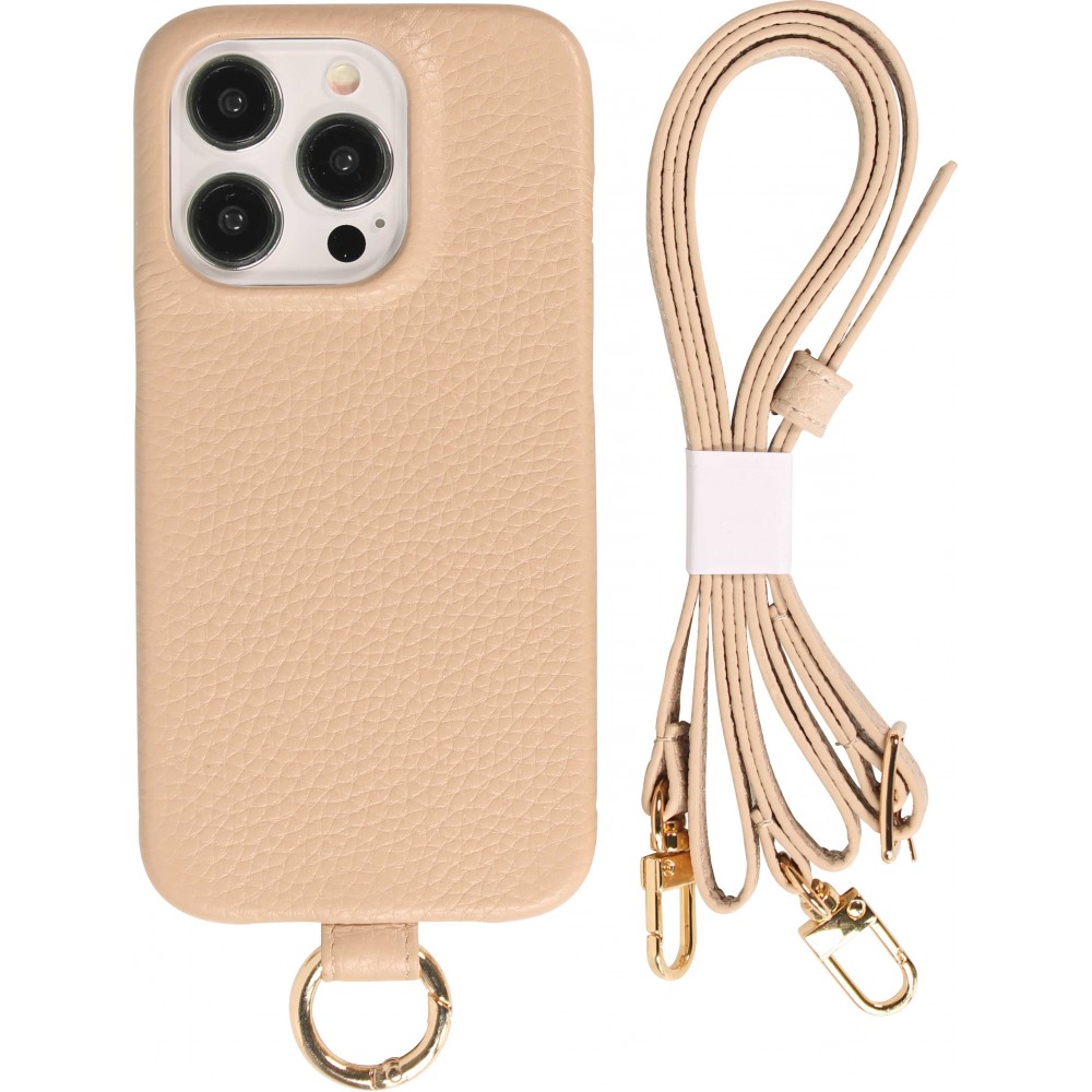 Coque iPhone 14 Pro - Premium cuir véritable de luxe avec lanière en cuir réglable et amovible + MagSafe - Beige