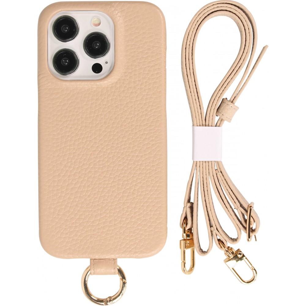 Coque iPhone 15 Pro Max - Premium cuir véritable de luxe avec lanière en cuir réglable et amovible + MagSafe - Beige