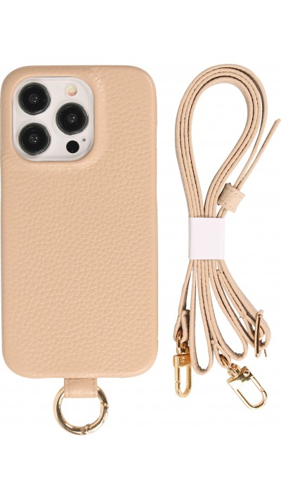 Coque iPhone 15 Pro Max - Premium cuir véritable de luxe avec lanière en cuir réglable et amovible + MagSafe - Beige