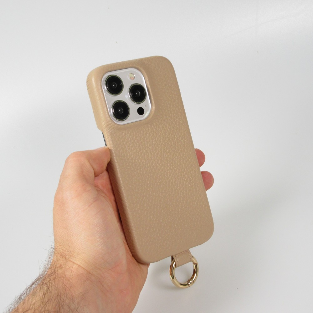 Coque iPhone 15 Pro Max - Premium cuir véritable de luxe avec lanière en cuir réglable et amovible + MagSafe - Beige