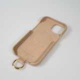 Coque iPhone 15 Pro Max - Premium cuir véritable de luxe avec lanière en cuir réglable et amovible + MagSafe - Beige