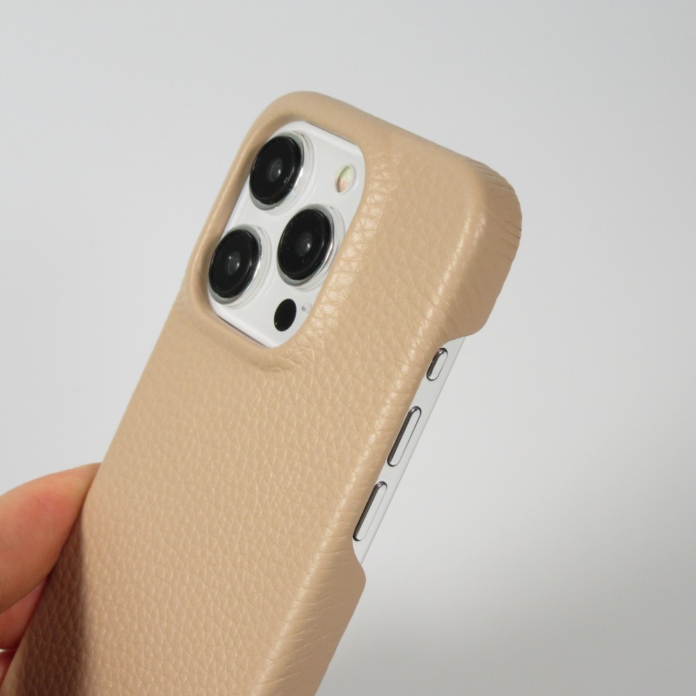 Coque iPhone 14 Pro - Premium cuir véritable de luxe avec lanière en cuir réglable et amovible + MagSafe - Beige