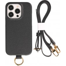 iPhone 14 Pro Case Hülle - Premium Luxus Echtleder mit verstell- und abnehmbarem Lederriemen + MagSafe - Schwarz