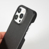 iPhone 14 Pro Case Hülle - Premium Luxus Echtleder mit verstell- und abnehmbarem Lederriemen + MagSafe - Schwarz