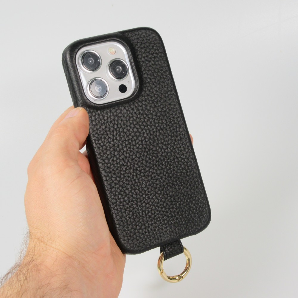 iPhone 14 Pro Case Hülle - Premium Luxus Echtleder mit verstell- und abnehmbarem Lederriemen + MagSafe - Schwarz