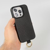 iPhone 14 Pro Case Hülle - Premium Luxus Echtleder mit verstell- und abnehmbarem Lederriemen + MagSafe - Schwarz