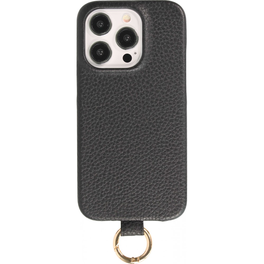 iPhone 14 Pro Case Hülle - Premium Luxus Echtleder mit verstell- und abnehmbarem Lederriemen + MagSafe - Schwarz