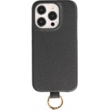 iPhone 14 Pro Case Hülle - Premium Luxus Echtleder mit verstell- und abnehmbarem Lederriemen + MagSafe - Schwarz