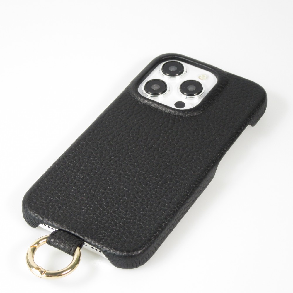 iPhone 14 Pro Case Hülle - Premium Luxus Echtleder mit verstell- und abnehmbarem Lederriemen + MagSafe - Schwarz