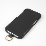 iPhone 14 Pro Case Hülle - Premium Luxus Echtleder mit verstell- und abnehmbarem Lederriemen + MagSafe - Schwarz