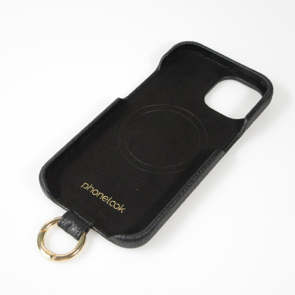 iPhone 14 Pro Case Hülle - Premium Luxus Echtleder mit verstell- und abnehmbarem Lederriemen + MagSafe - Schwarz