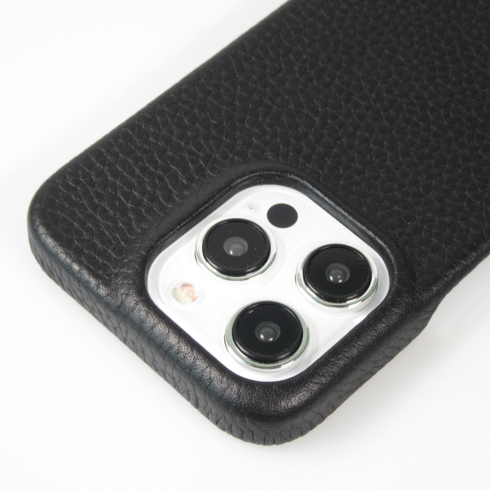 iPhone 14 Pro Case Hülle - Premium Luxus Echtleder mit verstell- und abnehmbarem Lederriemen + MagSafe - Schwarz