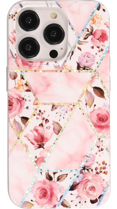 Coque iPhone 14 Pro - Silicone Gel stripes géométriques beautiful roses - Rose