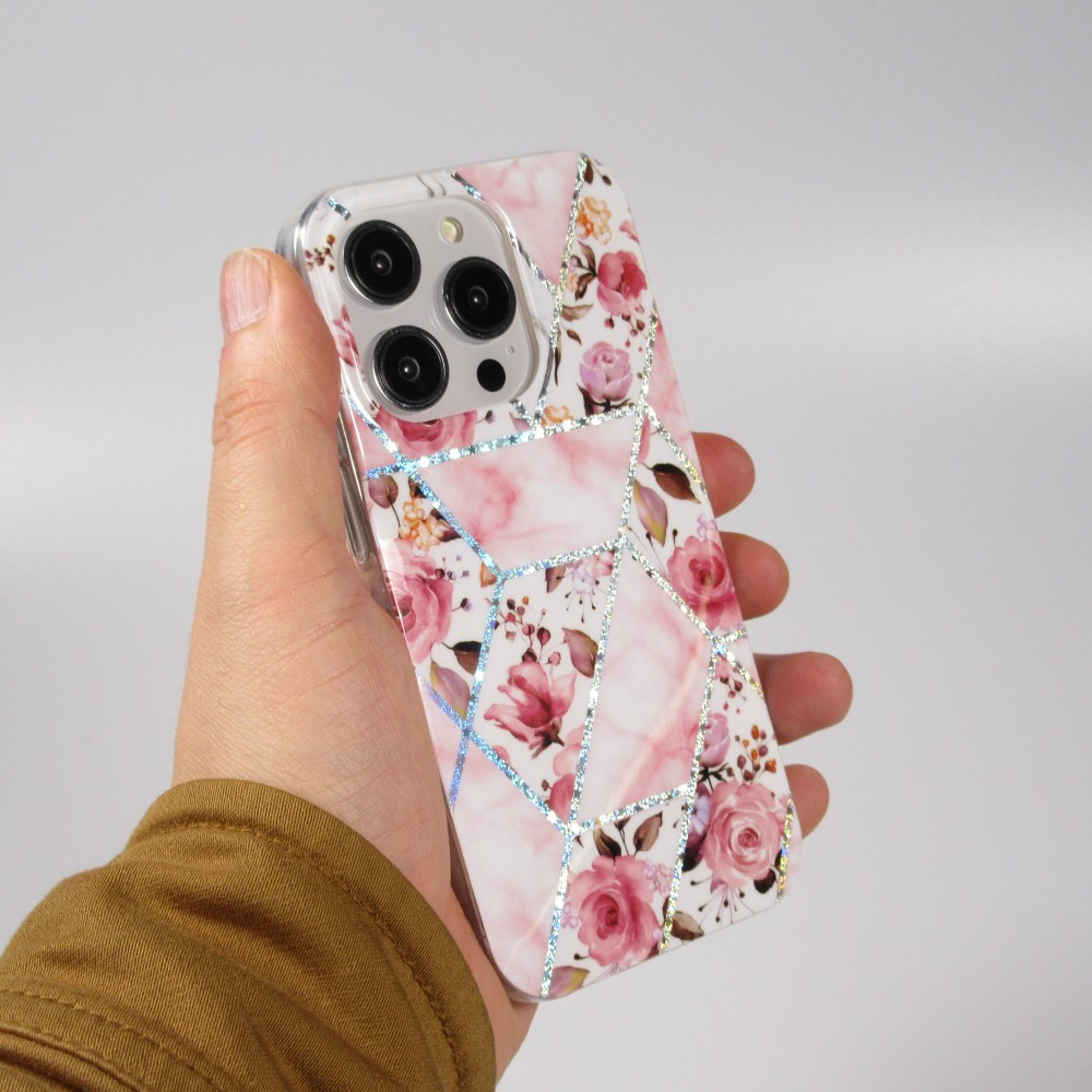Coque iPhone 14 Pro - Silicone Gel stripes géométriques beautiful roses - Rose