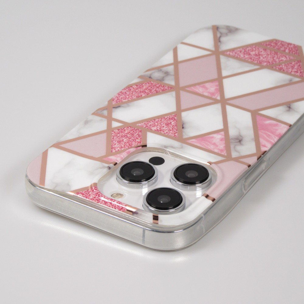 Coque iPhone 14 Pro Max - Silicone Gel stripes géométriques marble - Blanc/rose