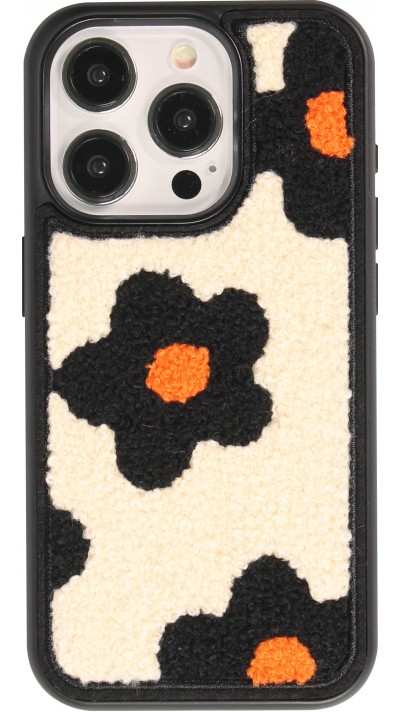 Coque iPhone 14 Pro - Silicone avec surface tufting effet fleur - Noir