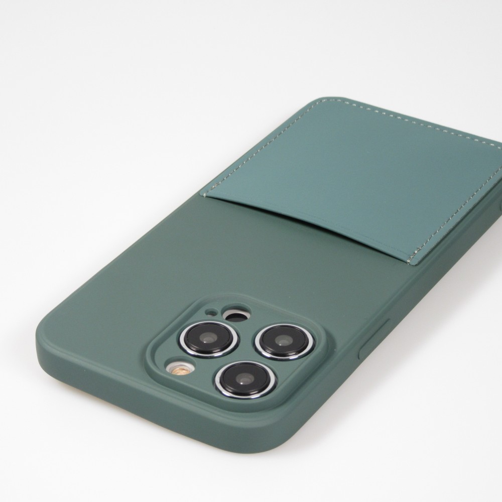 Coque iPhone 14 Pro - Silicone lisse avec compartiment pour carte & protection caméra - Vert foncé