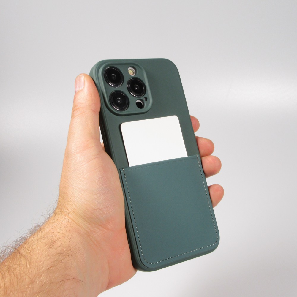 Coque iPhone 14 Pro - Silicone lisse avec compartiment pour carte & protection caméra - Vert foncé