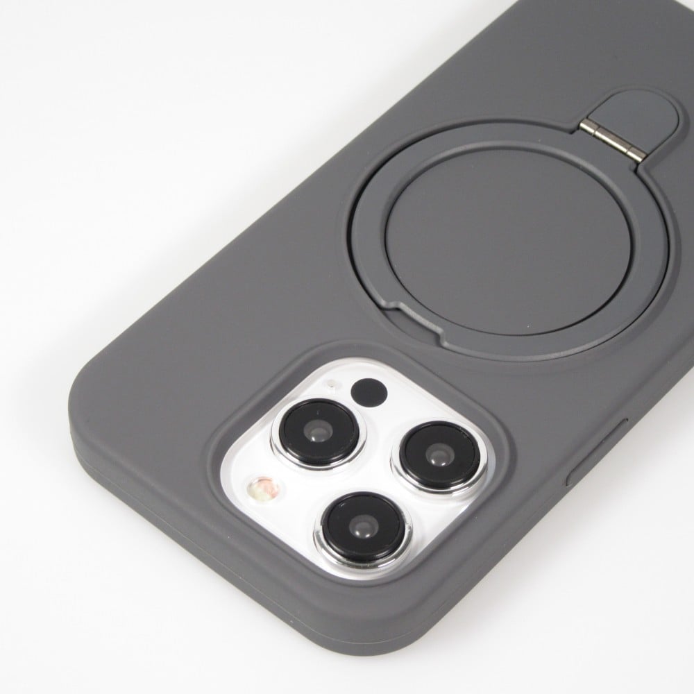 Coque iPhone 15 Pro - Silicone mat MagSafe avec anneau de support - Gris