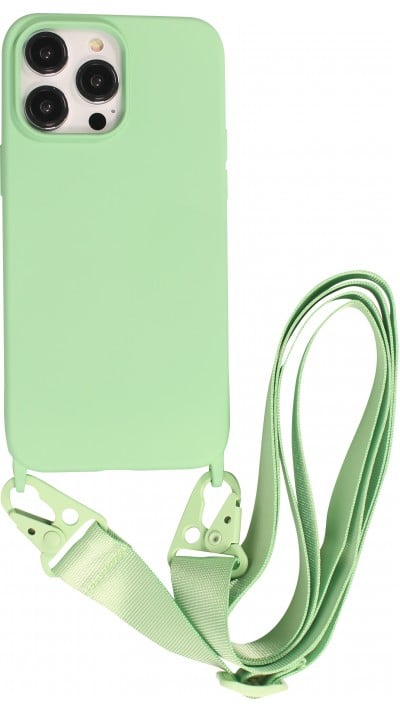 Coque iPhone 14 Pro Max - Silicone mat avec lanière et mousqueton en fer - Avocado vert