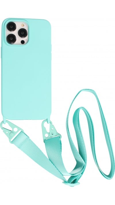 Coque iPhone 14 Pro - Silicone mat avec lanière et mousqueton en fer - Bleu clair