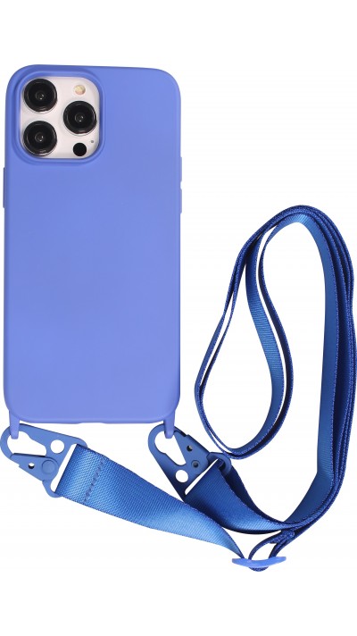 Coque iPhone 14 Pro - Silicone mat avec lanière et mousqueton en fer - Bleu