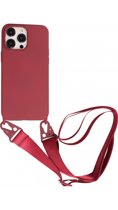 Coque iPhone 14 Pro Max - Silicone mat avec lanière et mousqueton en fer - Burgundi