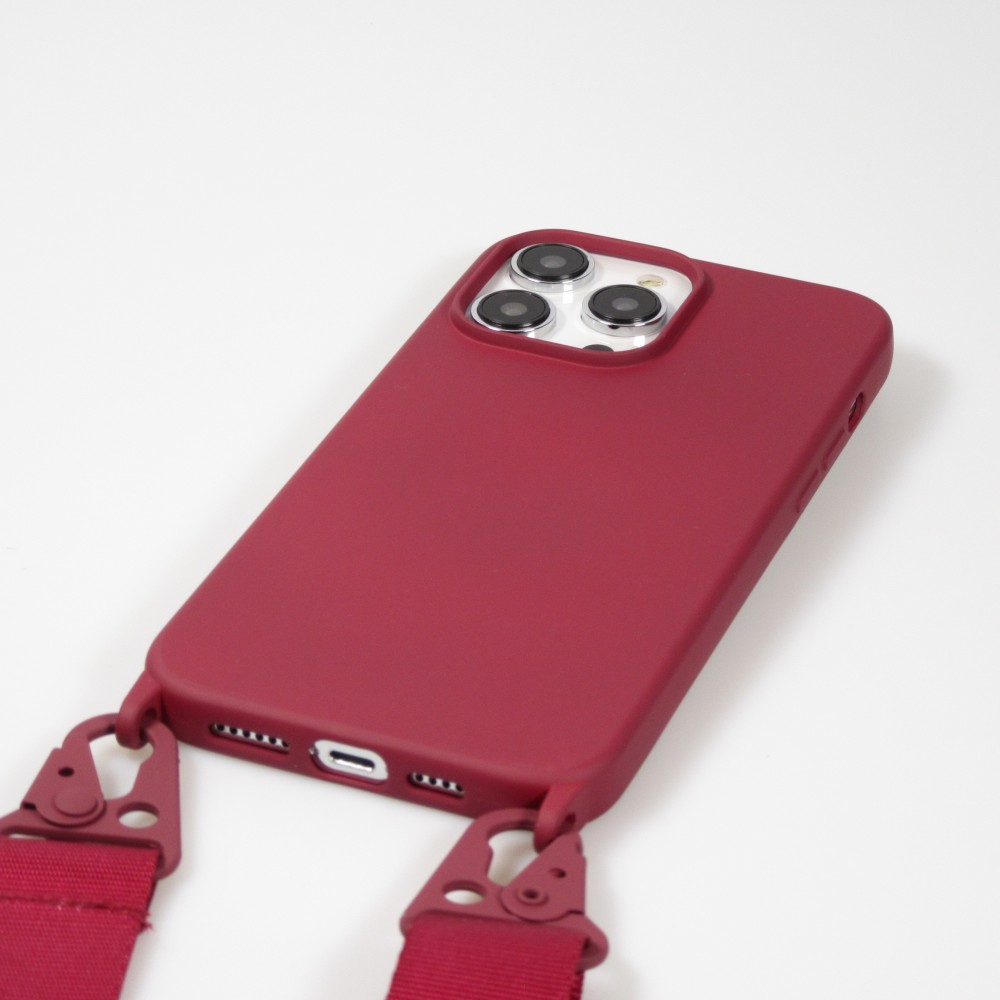 iPhone 14 Pro Case Hülle - Silikon matt mit Trageschlaufe und Metall Karabiner - Burgundi