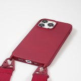 Coque iPhone 14 Pro - Silicone mat avec lanière et mousqueton en fer - Burgundi