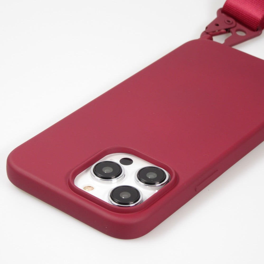 Coque iPhone 14 Pro - Silicone mat avec lanière et mousqueton en fer - Burgundi