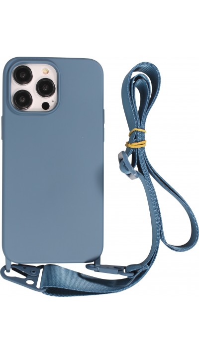 Coque iPhone 14 Pro - Silicone mat avec lanière et mousqueton en fer - Deep Sea Blue