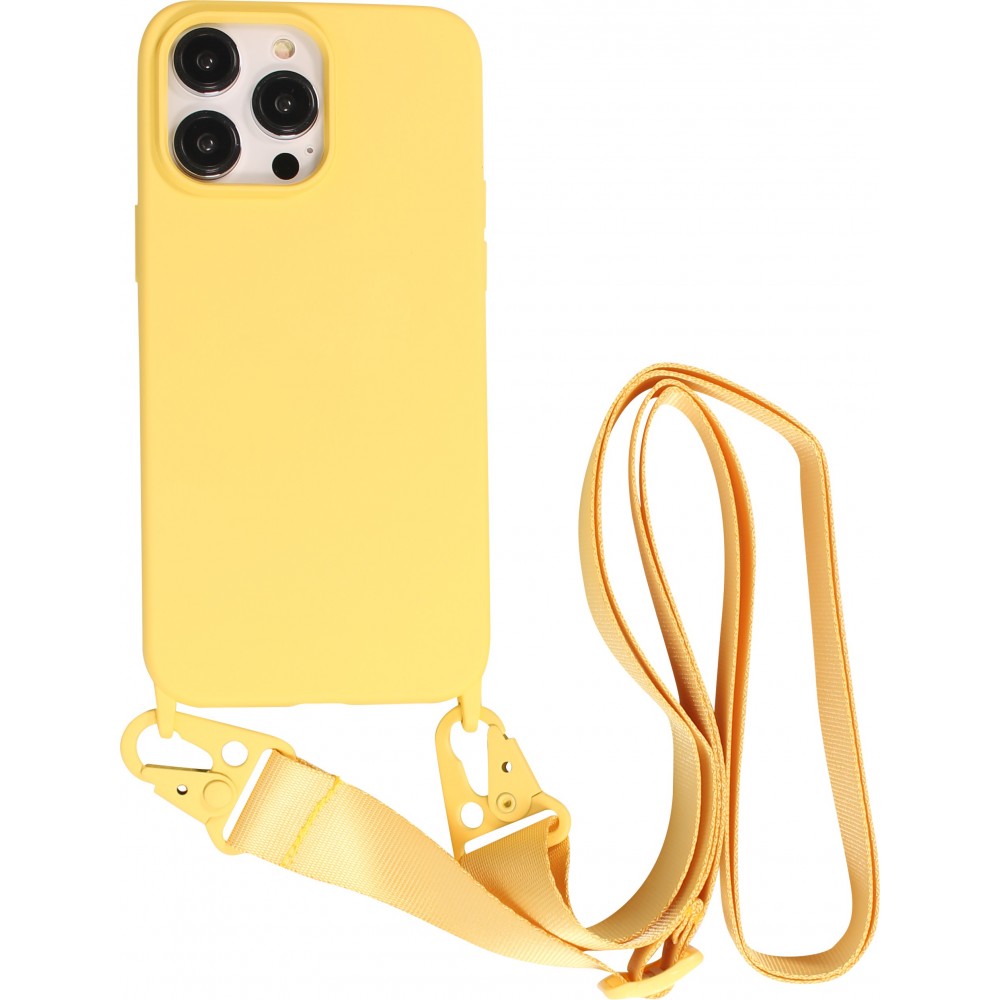 iPhone 14 Pro Max Case Hülle - Silikon matt mit Trageschlaufe und Metall Karabiner - Gelb