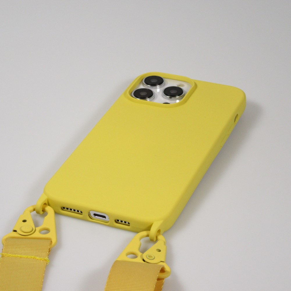 iPhone 14 Pro Max Case Hülle - Silikon matt mit Trageschlaufe und Metall Karabiner - Gelb