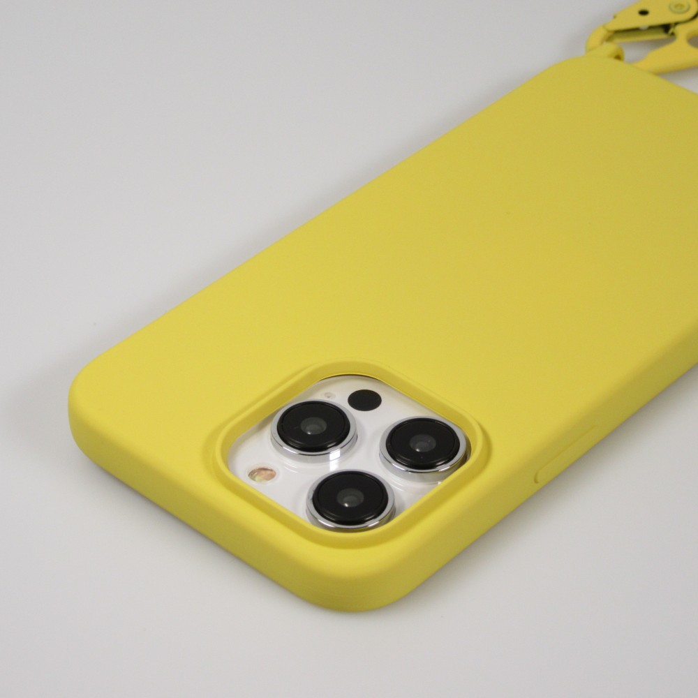 iPhone 14 Pro Max Case Hülle - Silikon matt mit Trageschlaufe und Metall Karabiner - Gelb
