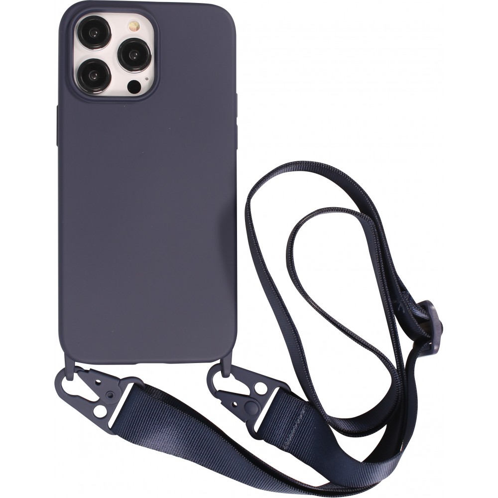 iPhone 14 Pro Case Hülle - Silikon matt mit Trageschlaufe und Metall Karabiner - Midnight Blue
