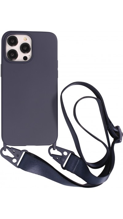 Coque iPhone 14 Pro - Silicone mat avec lanière et mousqueton en fer - Midnight Blue